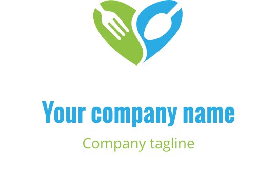 Logo a forma di cuore con una forchetta e un cucchiaio in verde e blu