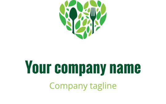 Logo a forma di cuore riempito di foglie verdi e utensili