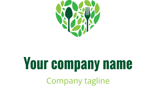 Logo a forma di cuore riempito di foglie verdi e utensili