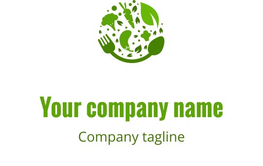 Design del logo verde creativo con utensili e foglie in un arrangiamento circolare
