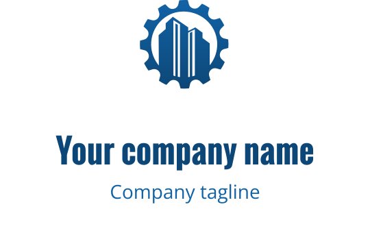 Design del logo moderno con ingranaggio e silhouette di edificio in blu