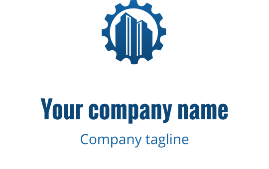 Design del logo moderno con ingranaggio e silhouette di edificio in blu