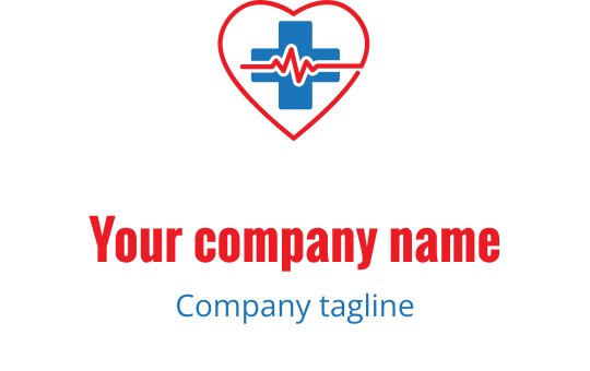 Logo design di cuore e croce con una linea di battito cardiaco in rosso e blu