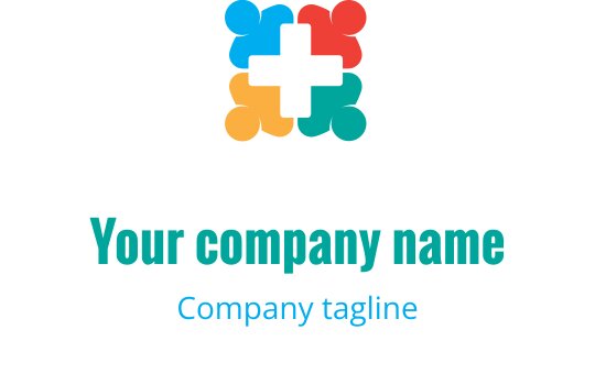 Logo colorato con forme sovrapposte e un segno più centrale