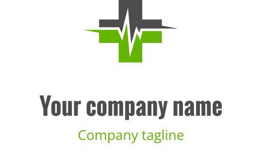Design del logo moderno con una croce verde e una linea del battito cardiaco