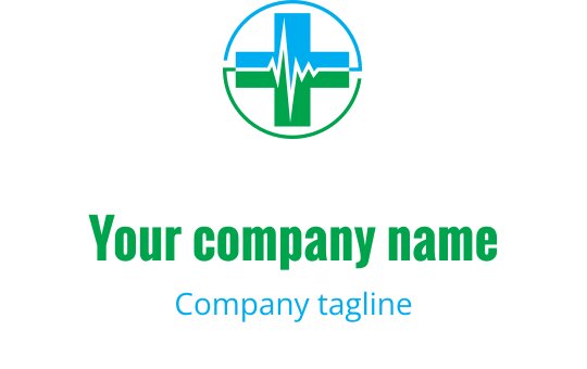 Logo moderno circolare con una croce e una linea del battito cardiaco in verde e blu