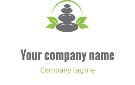 Logo di pietre bilanciate con foglie verdi e una linea curva
