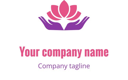 Design del logo elegante con un loto rosa sopra due mani viola