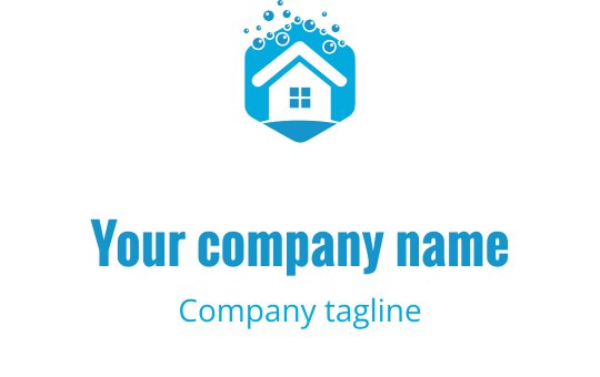 Logo design moderno di una casa blu con forma esagonale e bolle