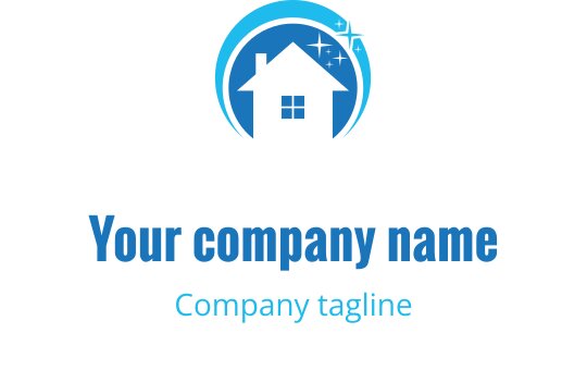 Logo design moderno di una casa blu con accenti circolari e stelle