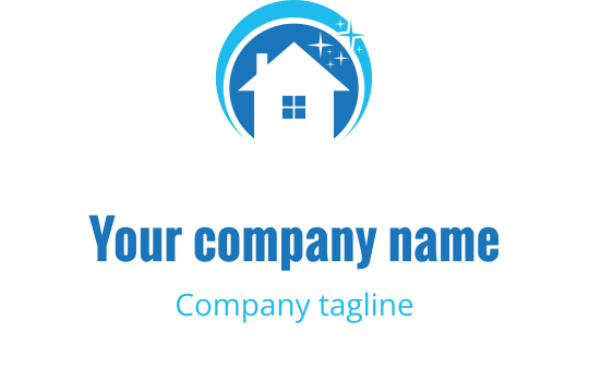 Logo design moderno di una casa blu con accenti circolari e stelle