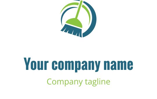 Design del logo moderno con una scopa e elementi circolari in verde e blu
