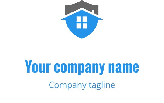 Logo design a forma di scudo con silhouette di casa blu e testo in grassetto