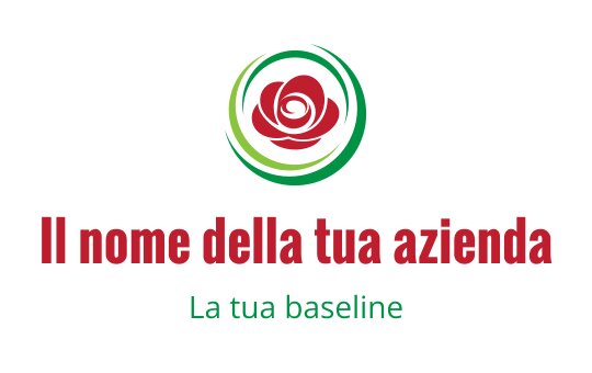 Logo elegante di rosa con accenti circolari verdi e testo rosso audace