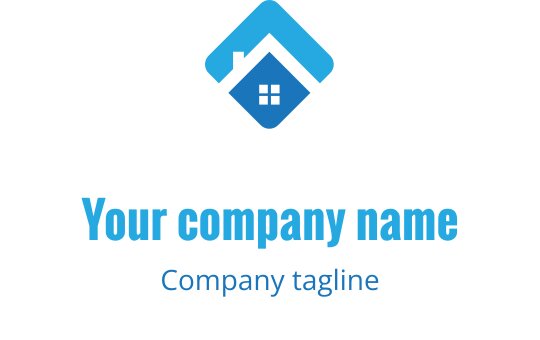 Logo moderno in turchese e blu con silhouette stilizzata di una casa