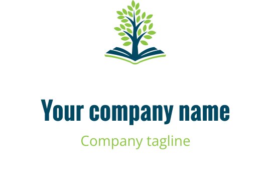 Logo moderno con un albero verde sopra un libro aperto