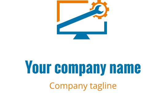 Logo moderno con un computer stilizzato in arancione e verde acqua