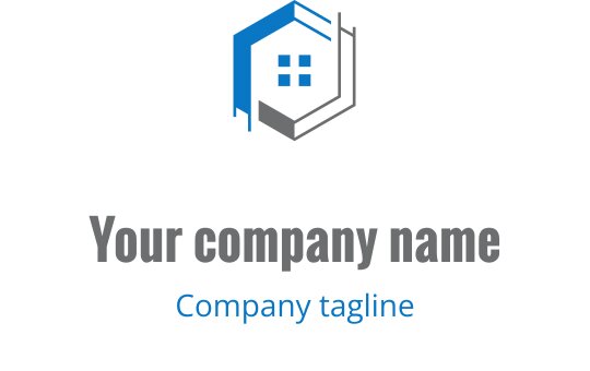 Design del logo esagonale moderno con contorno di una casa e accenti blu