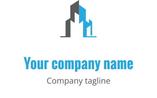 Logo design minimalista grigio e blu con contorno stilizzato di un edificio