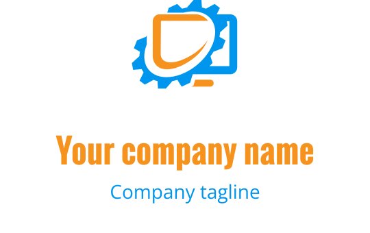 Logo moderno blu e arancione con computer stilizzato e strumenti
